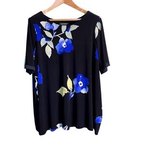 Lauren Ralph Lauren Black Floral Short Sleeve Scoop Neck Blouse Plus Size 18W